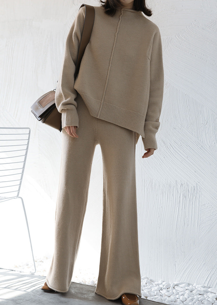 Women's cream knit two-piece set loose fit sweater top wide leg pants soft wool feel