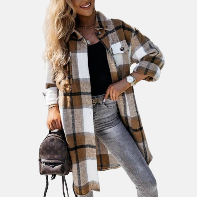 Women's oversized plaid check shirt jacket with button closure and soft relaxed layering silhouette