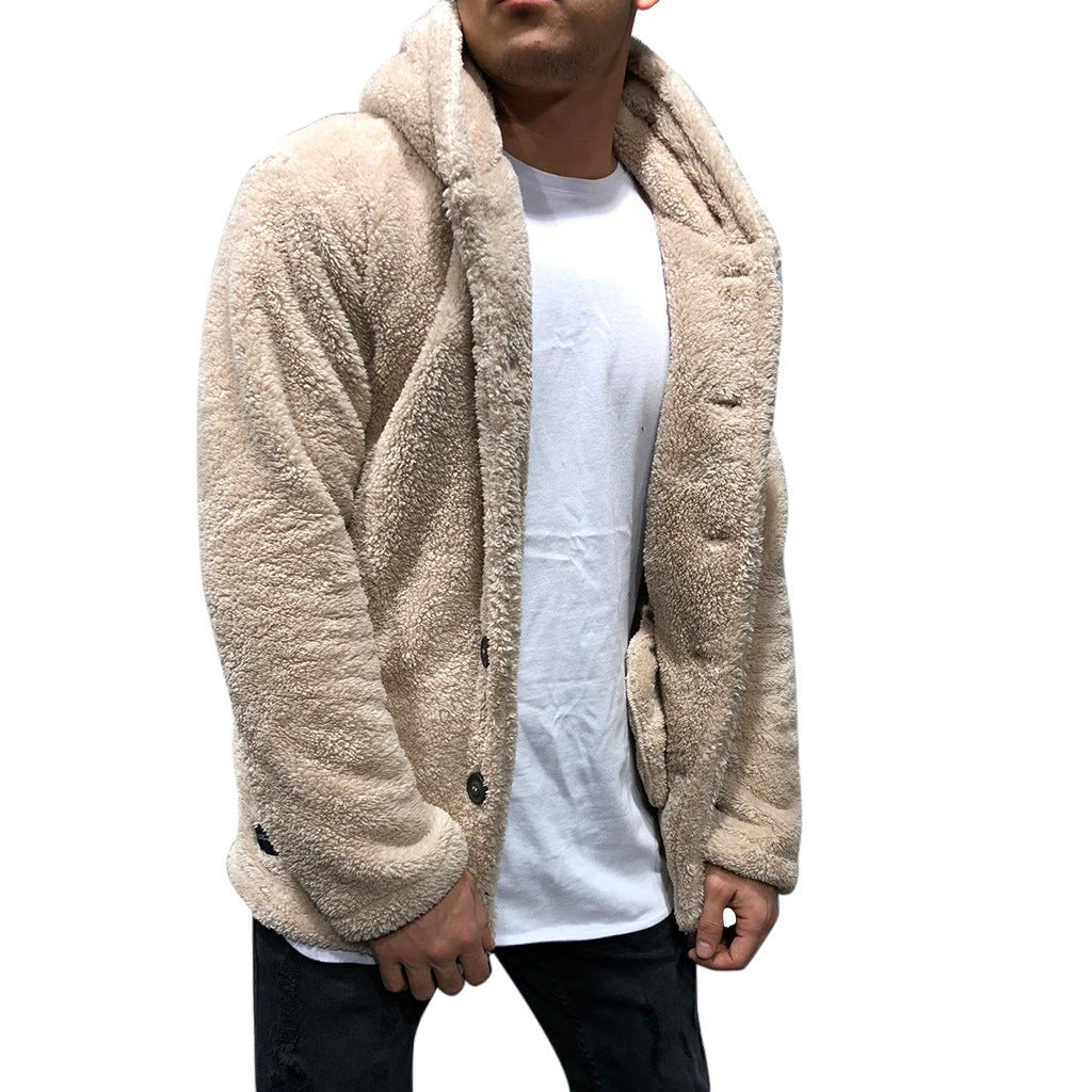Men's relaxed fit hooded fleece jacket with button closure, soft cozy layering piece for cool weather