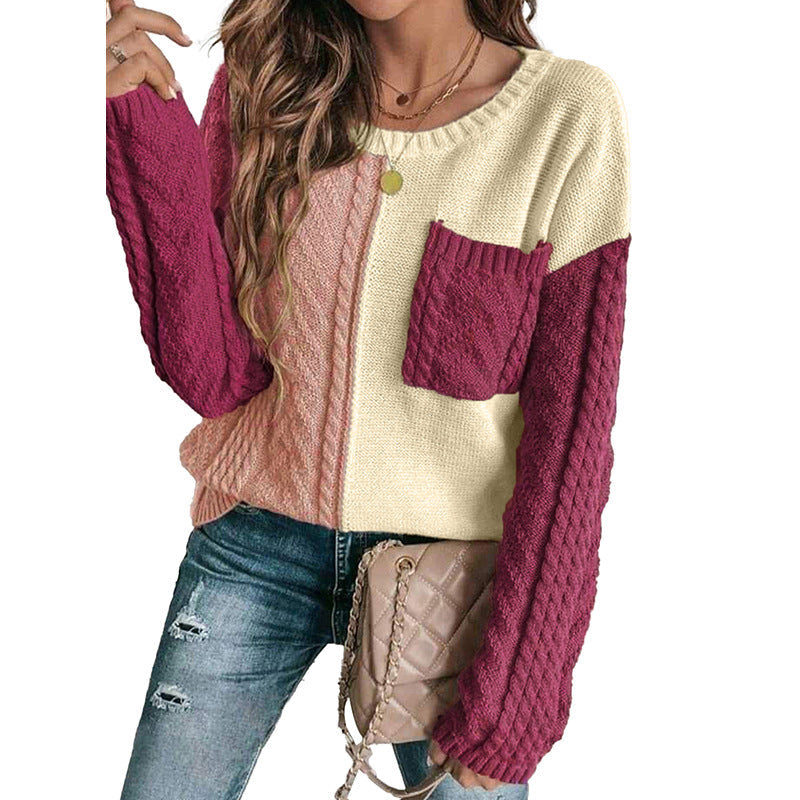 Women's colorblock cable knit sweatshirt relaxed fit with patch pocket, casual everyday style