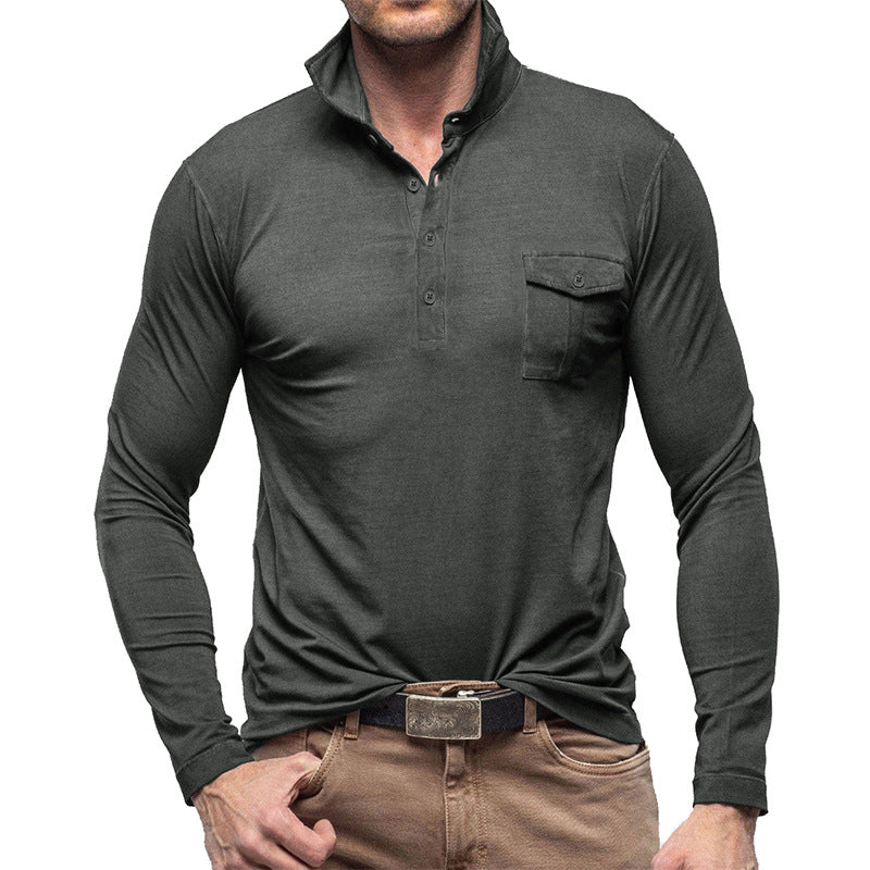 Men's long sleeve Henley polo shirt breathable cotton regular fit with chest pocket casual classic
