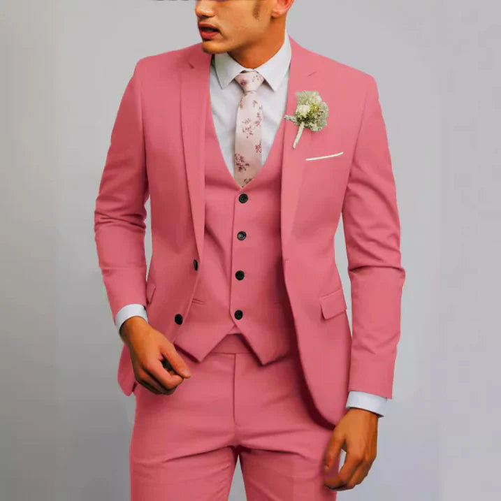 Men's slim fit three-piece wedding suit in elegant formal style with matching vest and trousers