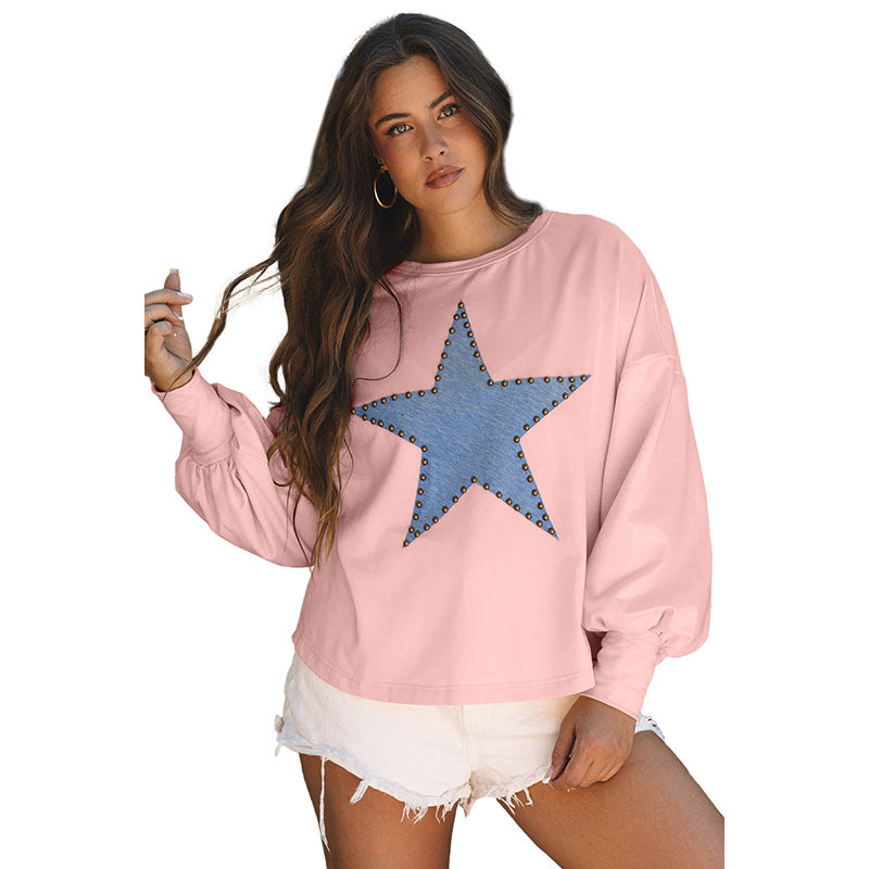 Women's relaxed fit sweatshirt balloon sleeves star stud motif everyday casual trendy comfort