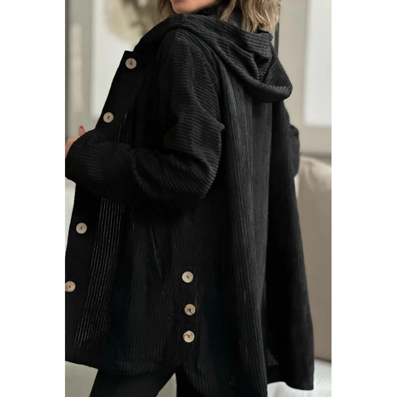 Women's beige corduroy hooded jacket relaxed fit mid-length with button front closure