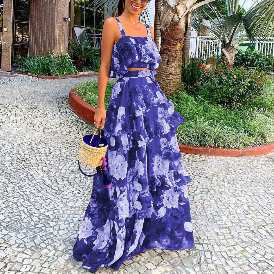 Women's two-piece spaghetti strap top and ruched maxi skirt set, lightweight summer vacation outfit