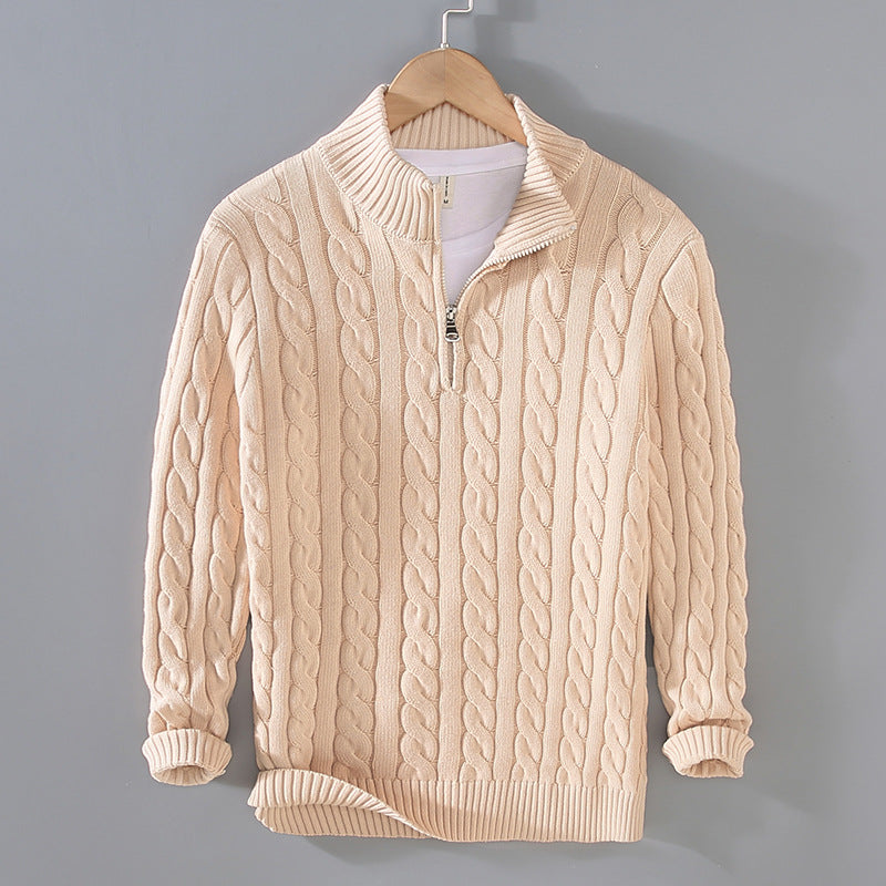 Men's cream cable knit half-zip pullover with classic textured pattern for layered casual wear