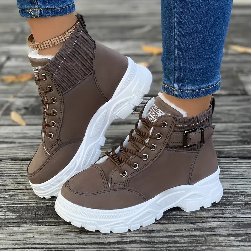 Women's plush-lined ankle boots with platform sole, side zip closure, lace-up front, cozy winter style