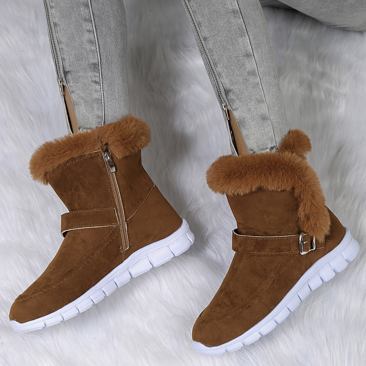 Women's beige plush snow boots with side zipper, thick warm interior lining, plus size winter comfort