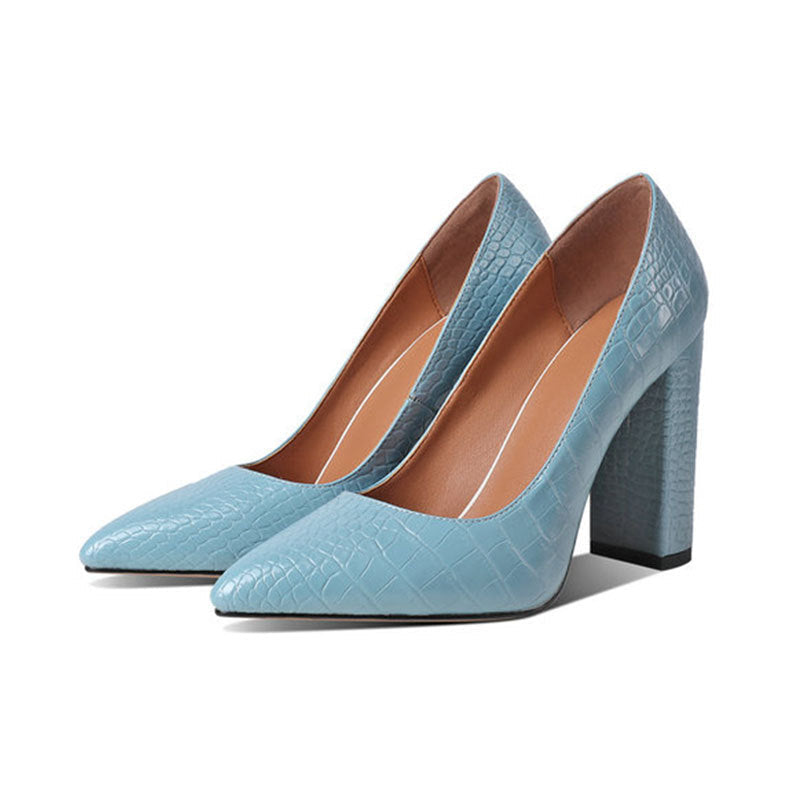 Black crocodile pattern pointed toe block heel pumps women office professional comfort shoes