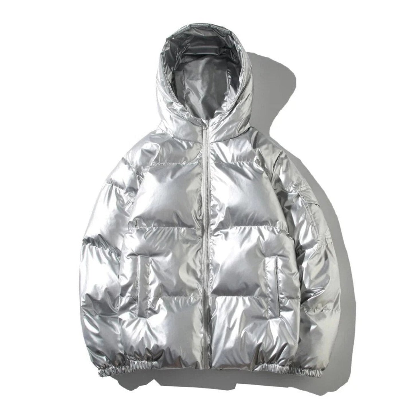 Men's black shiny quilted puffer jacket with glossy finish and classic urban streetwear silhouette