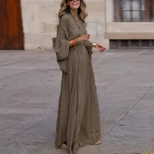 Printed maxi dress women flowing A-line silhouette captivating pattern effortless elegance