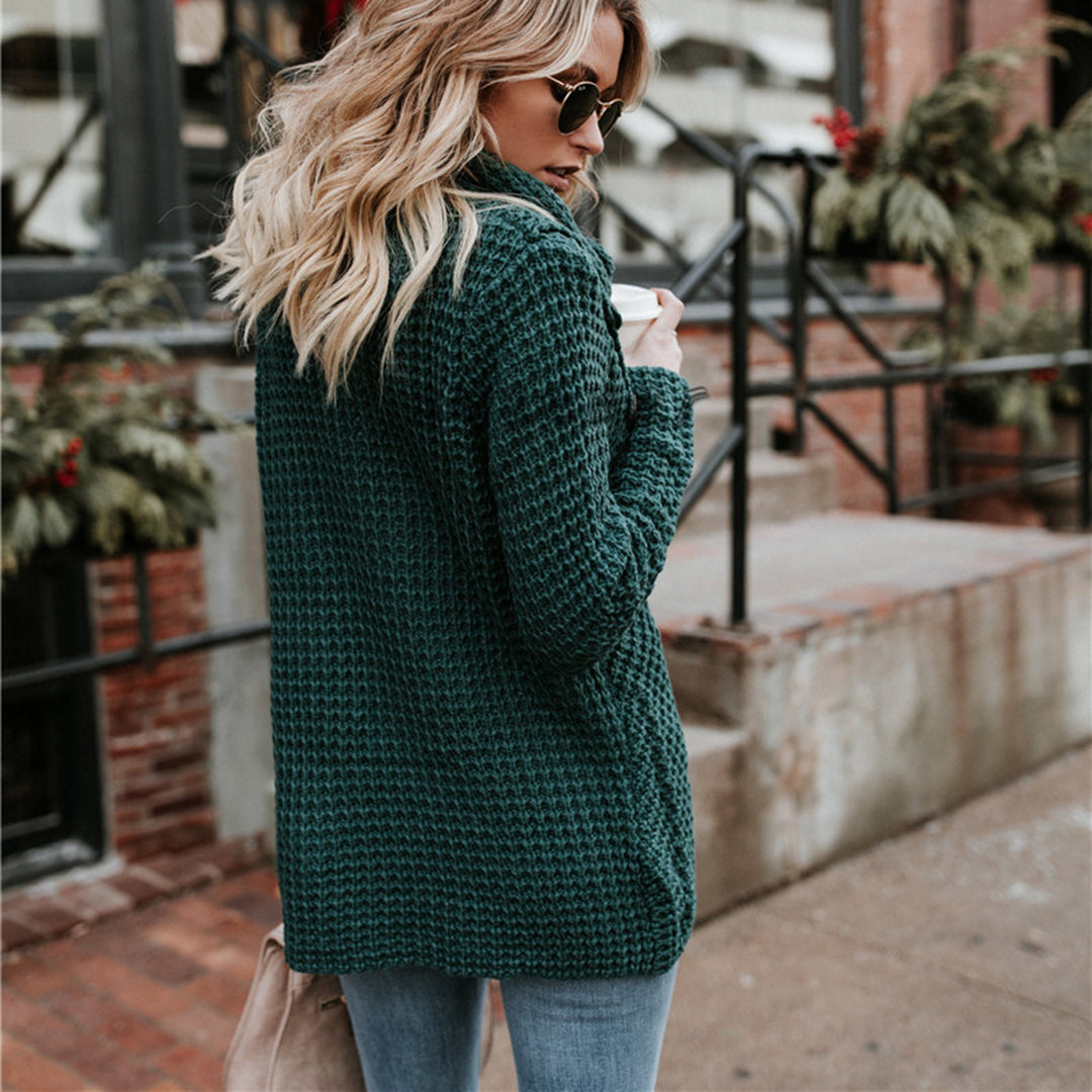 Women's cozy wrap-front cardigan in warm neutral tones with wide cowl neck and flattering silhouette