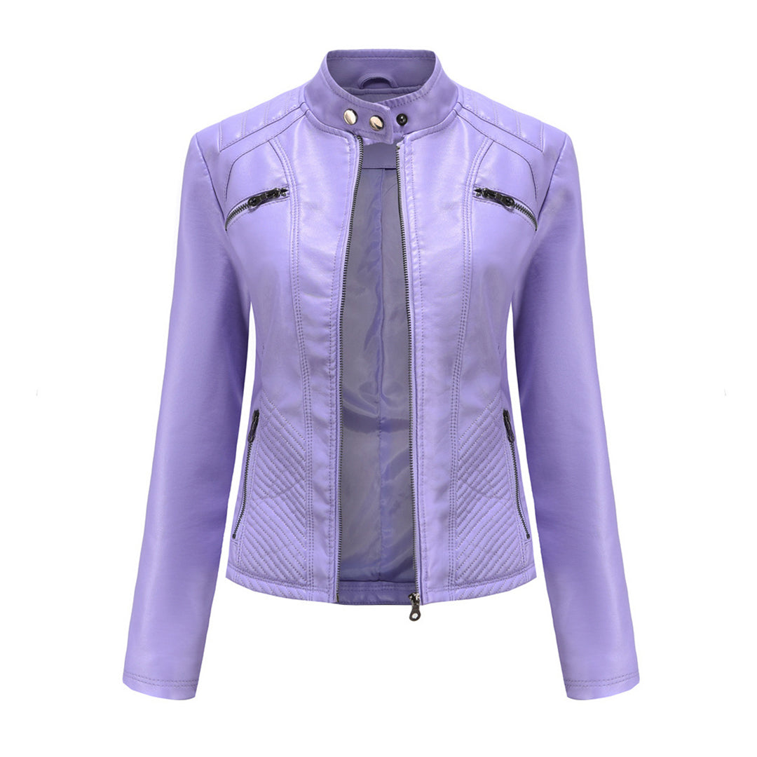 Women's black faux leather biker jacket with classic zip-up design and flattering edgy silhouette