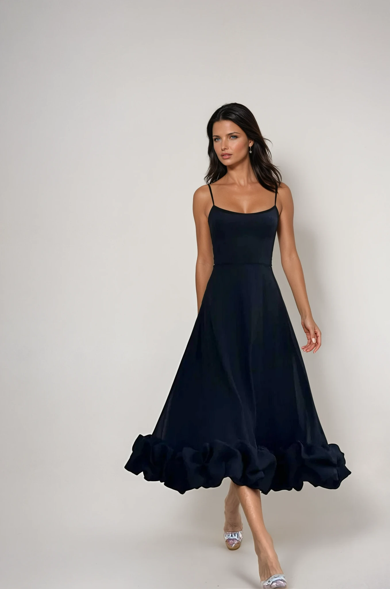 Elegant Black Ruffle Midi Dress For Women One Shoulder Crepe Silhouett