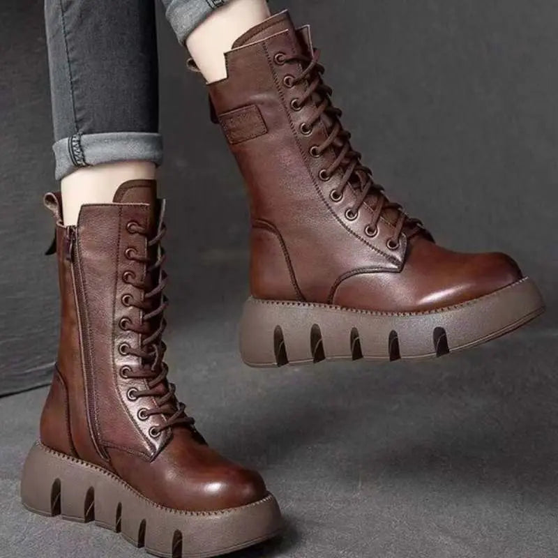 Women's black patent leather mid-calf retro boots with low heel and plush warm lining