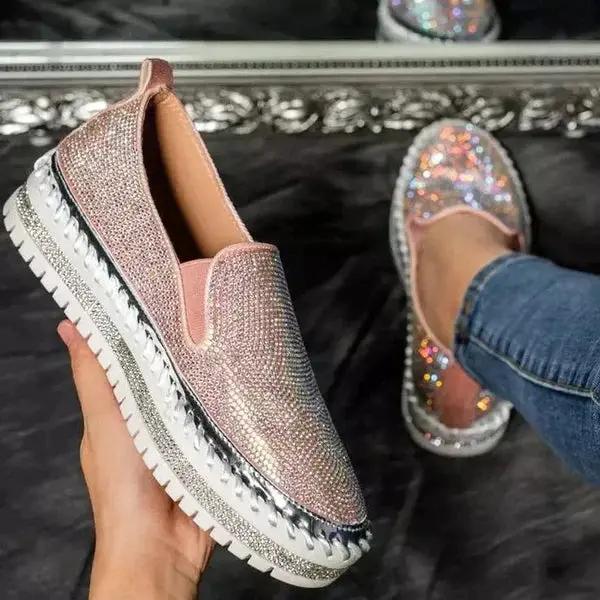 Women's rhinestone slip-on loafers with thick sole, dazzling glam embellishments for all-day comfort