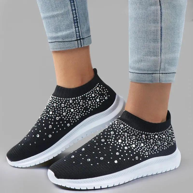Women's rhinestone slip-on sneakers with breathable knit upper, lightweight sparkle embellished casual footwear