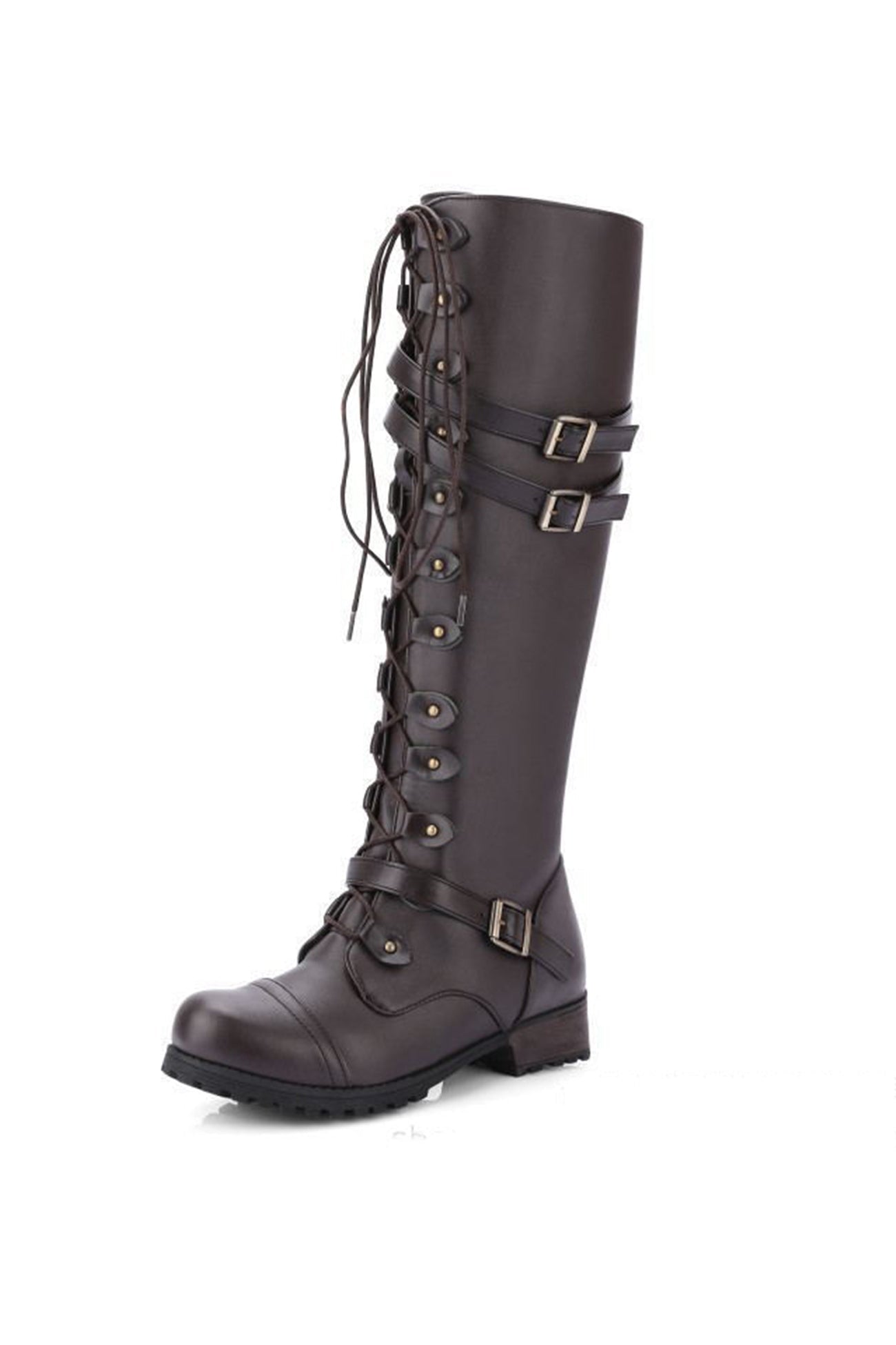 Black synthetic leather knee-high boots with round toe, rivet belt buckle detail, bold edgy knight style