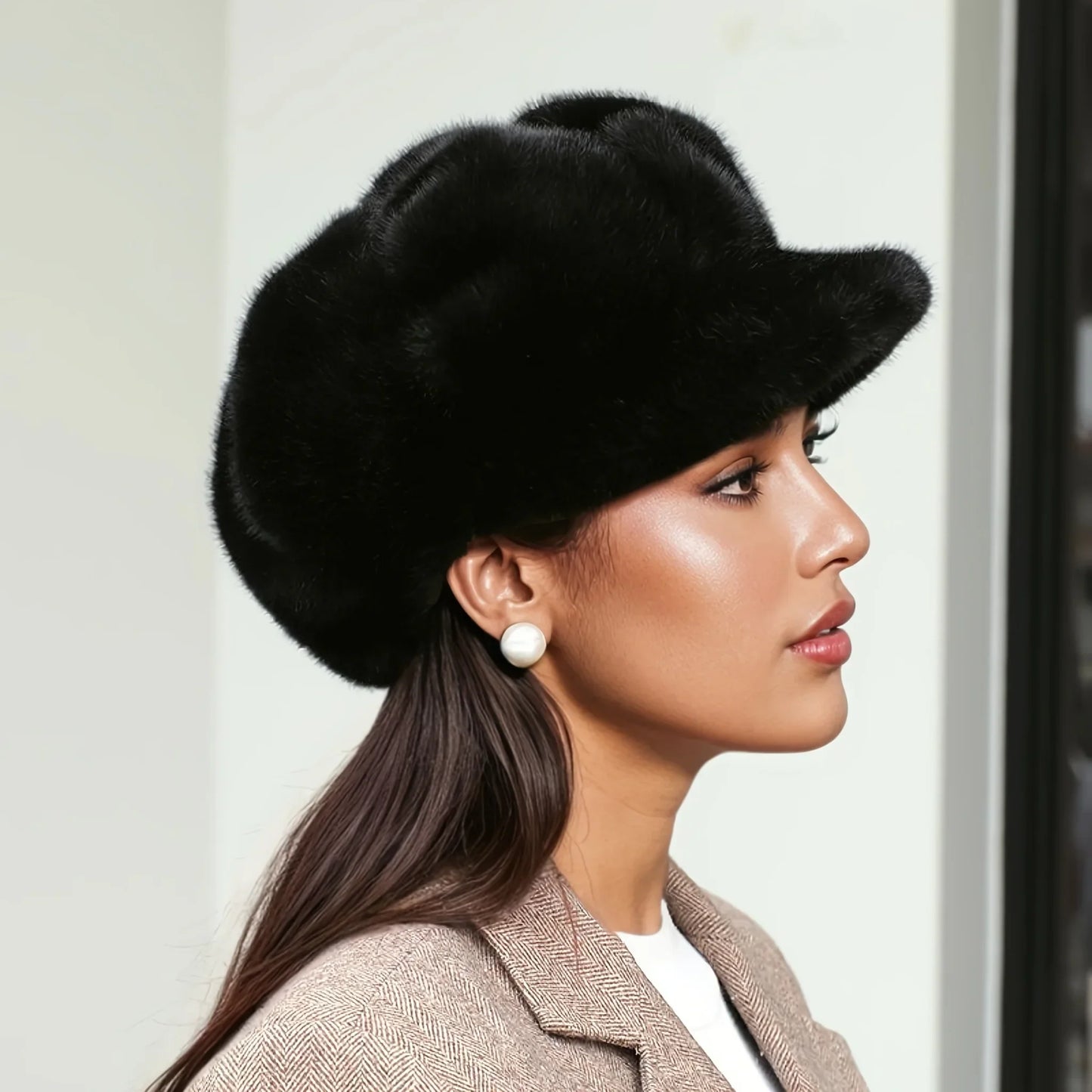 Women's fuzzy baker boy hat with brim, relaxed fit cozy chic style in solid color