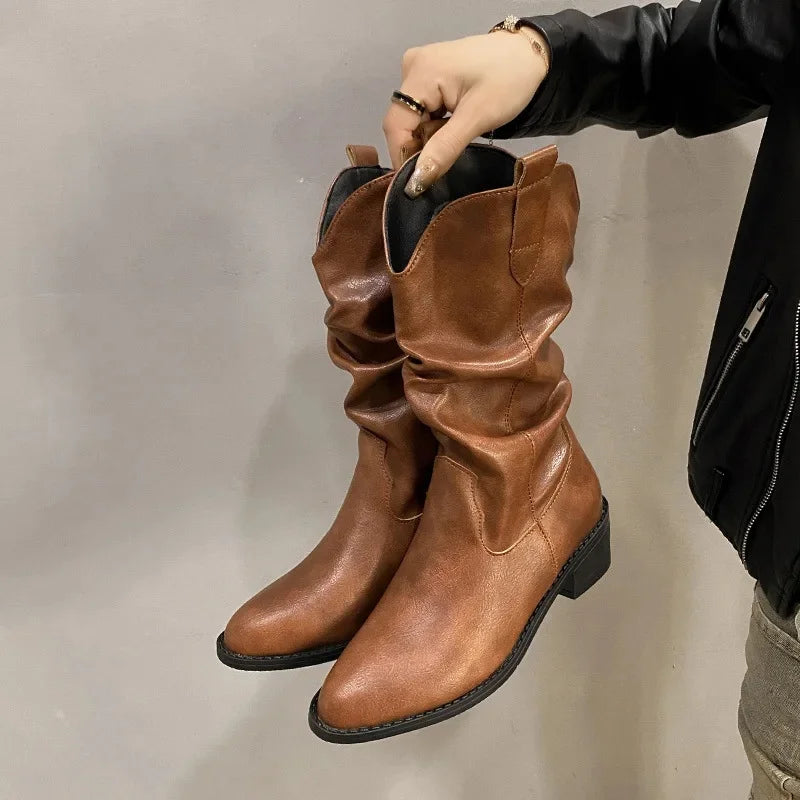 Kaitlyn women's brown leather knee-high slouch boots with low heel for all-day comfort