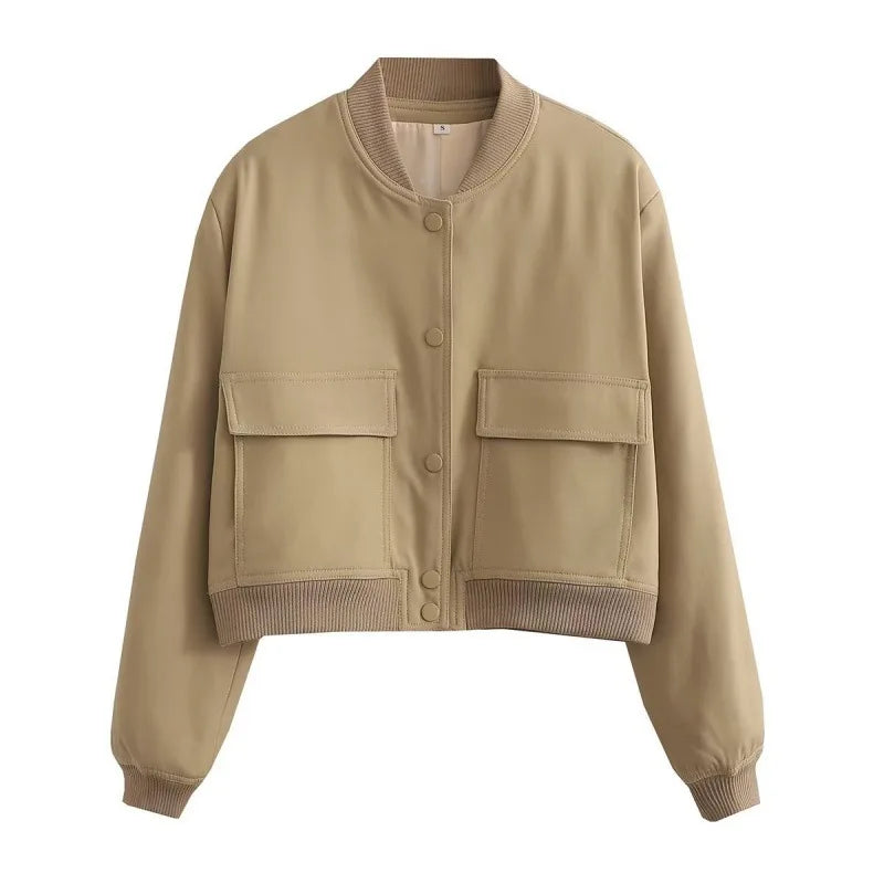 Clara women's casual bomber jacket with pocket front detail, minimalist silhouette for everyday elegance