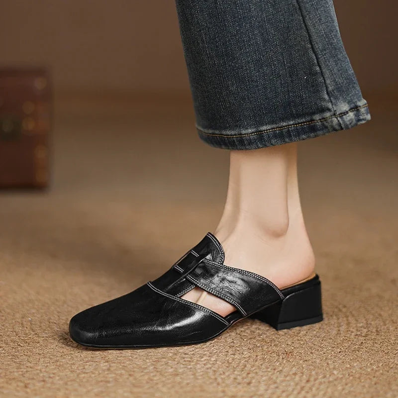 Isla Block Heel Mules | Pointed Toe Strap Detail Mules