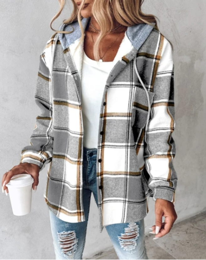 Women's black and white checkered hoodie jacket relaxed fit casual layering style for all seasons
