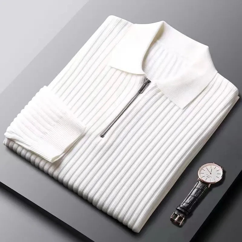 Men's gray ribbed zip sweater with textured knit and half-zip neckline for smart-casual style