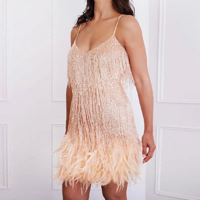Women's black sequin cocktail dress with fringe feather embellishments, form-fitting glamorous evening style
