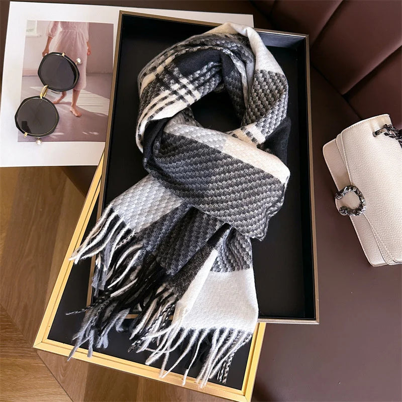 Women's plaid rectangular scarf with elegant tasseled fringed edges, long wrap silhouette