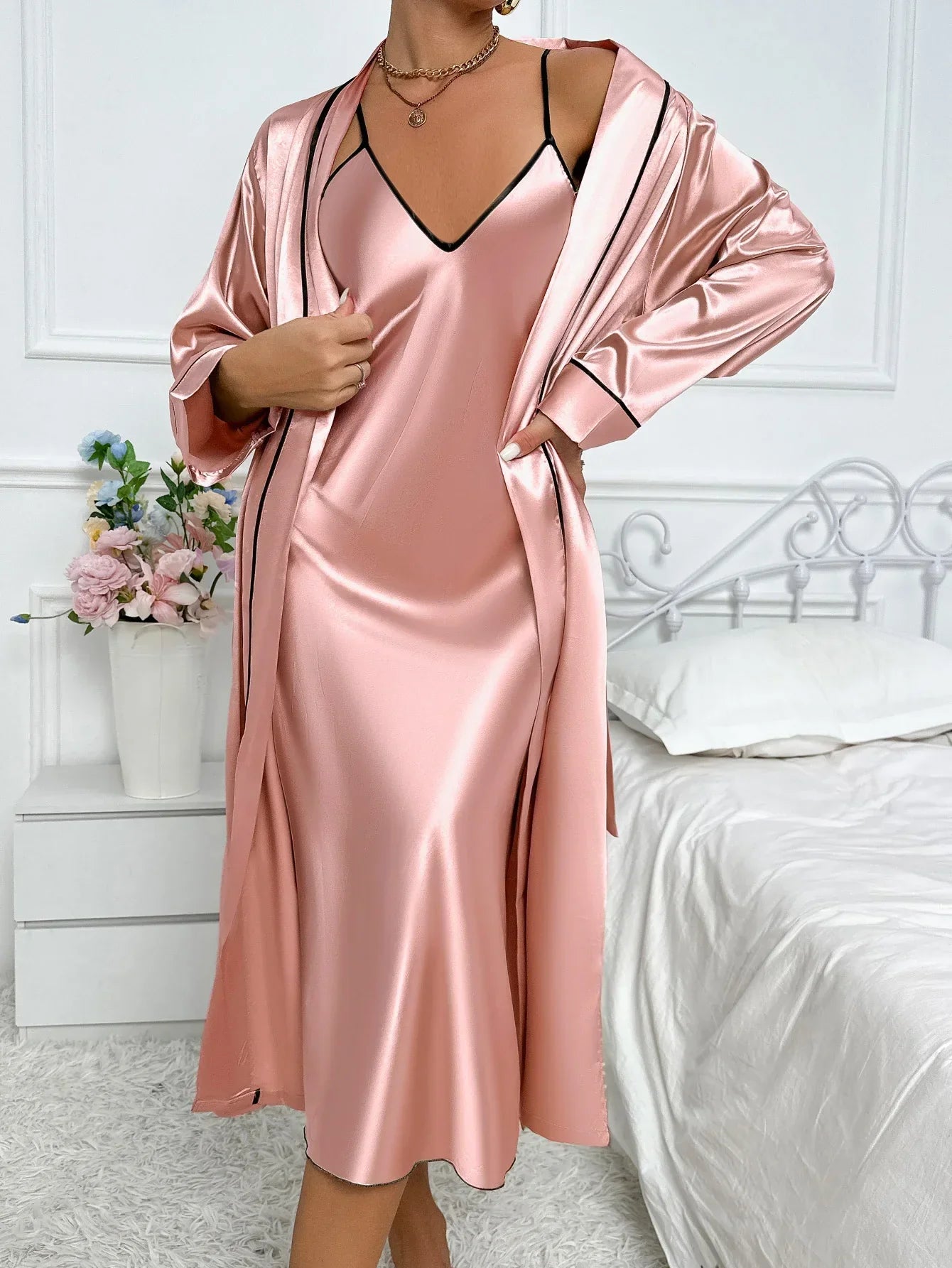Women's two-piece pajama set with robe and slip dress, relaxed-fit sleepwear for effortless evenings