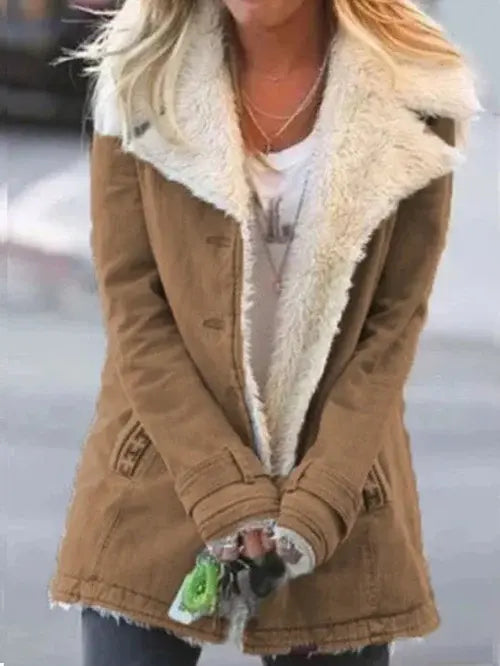 Women's sherpa lined fleece jacket with oversized lapel collar, tailored fit, cozy plush lining