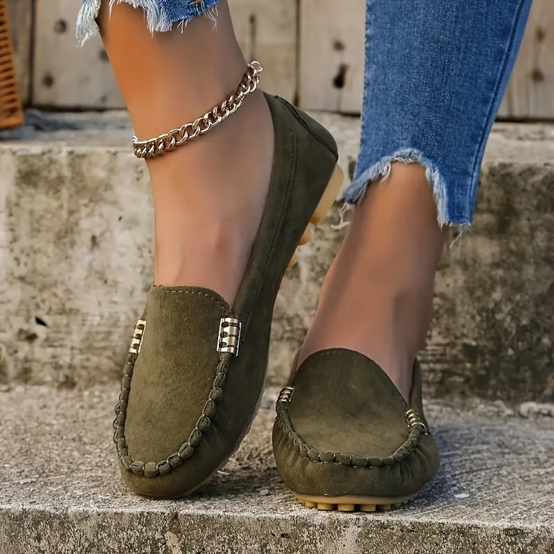 Women's slip-on moccasin loafers in neutral tones, casual style with lightweight rubber sole