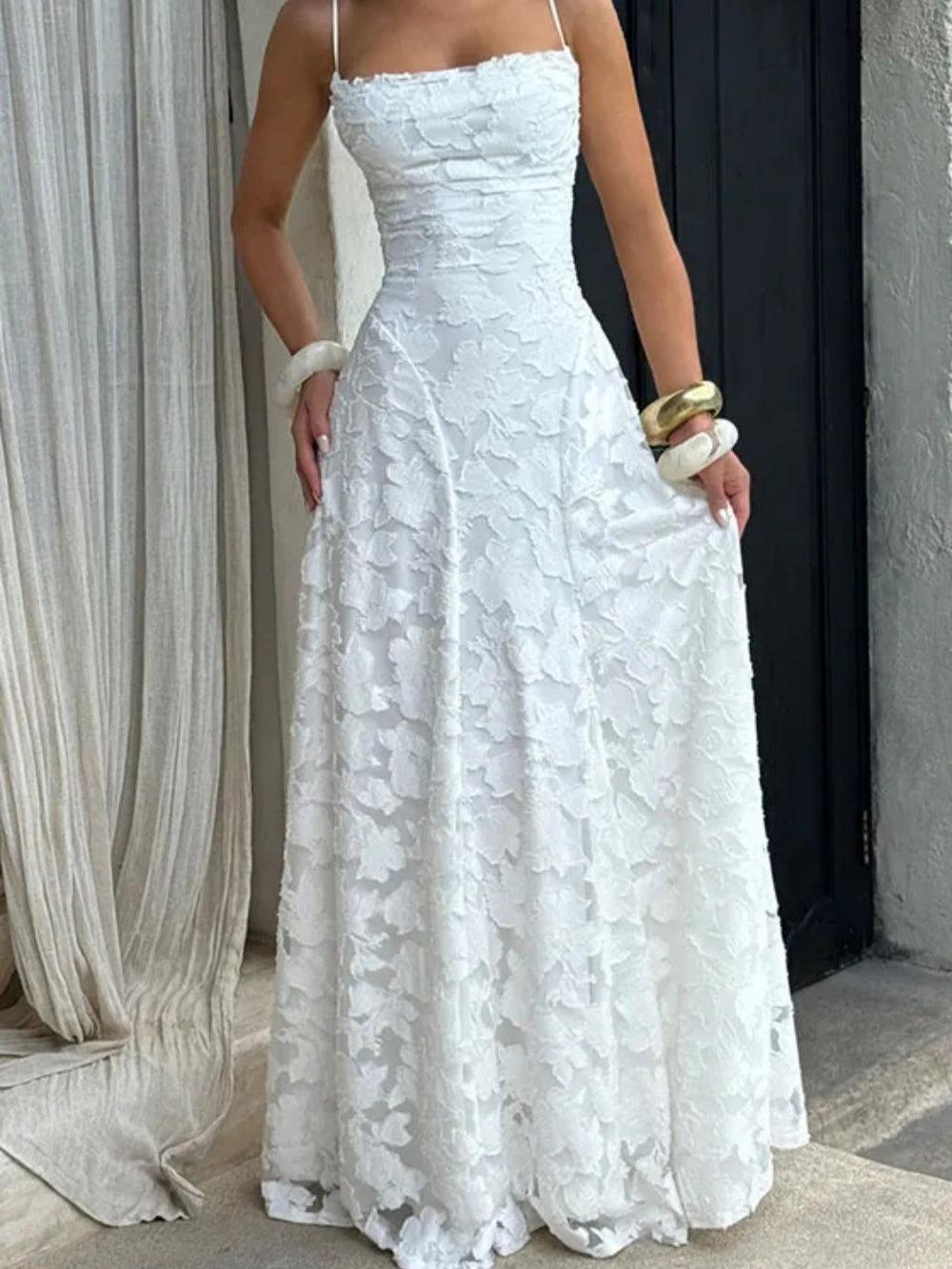 White Lace Spaghetti Strap Long Dress For Women With Timeless Romance