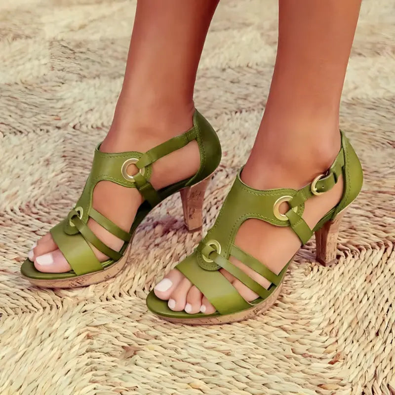 Women's strappy high heel sandals metallic accents slingback cone heel elegant evening style