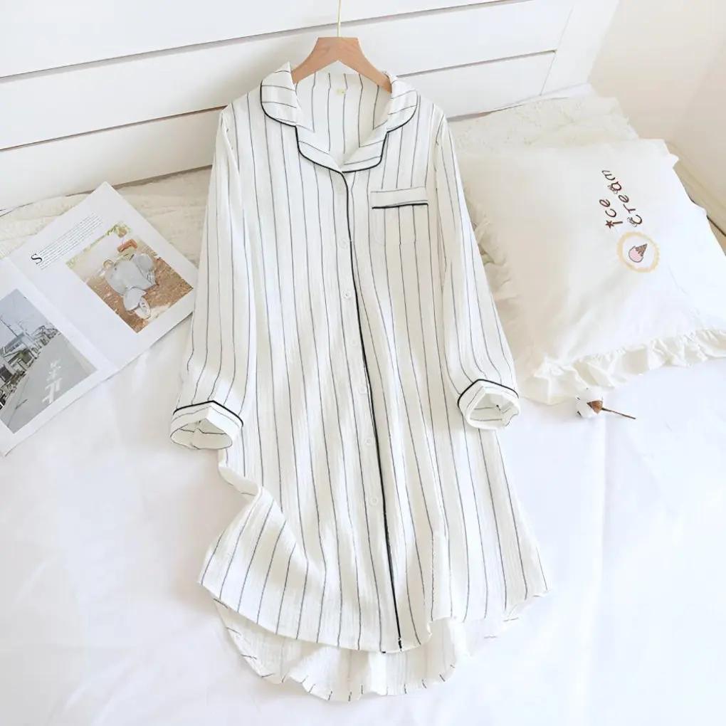 Women's striped cotton gauze nightgown, long sleeve knee-length plus size breathable sleepwear