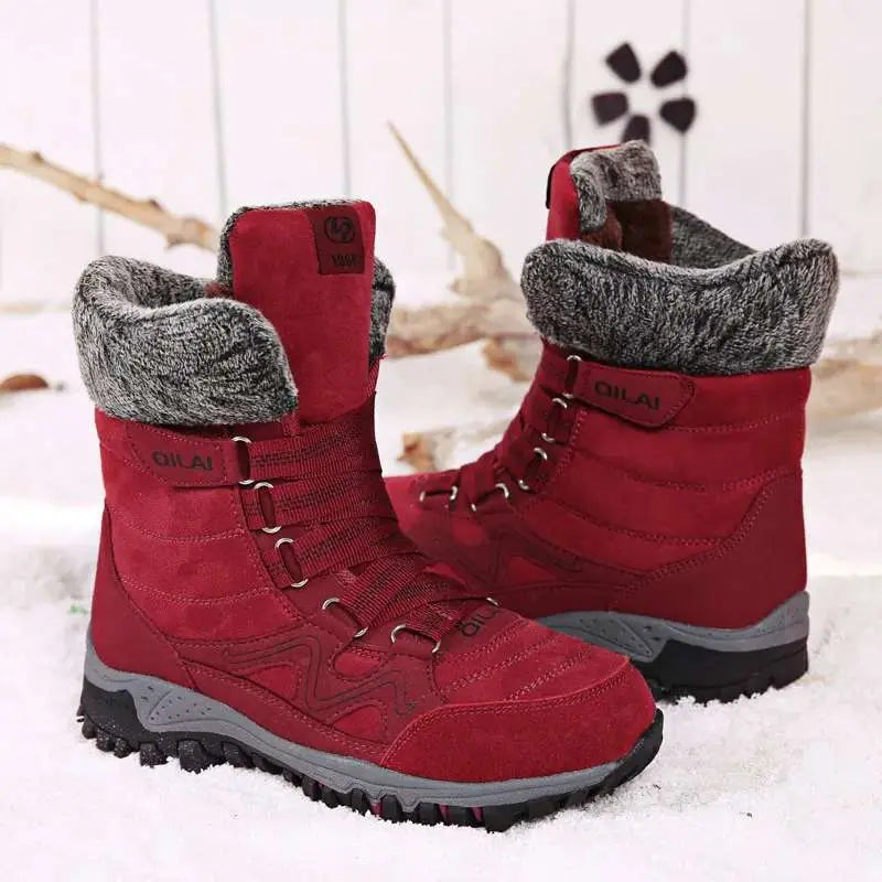 Women's insulated suede cowhide winter boots with front lacing wedge heel for cold weather