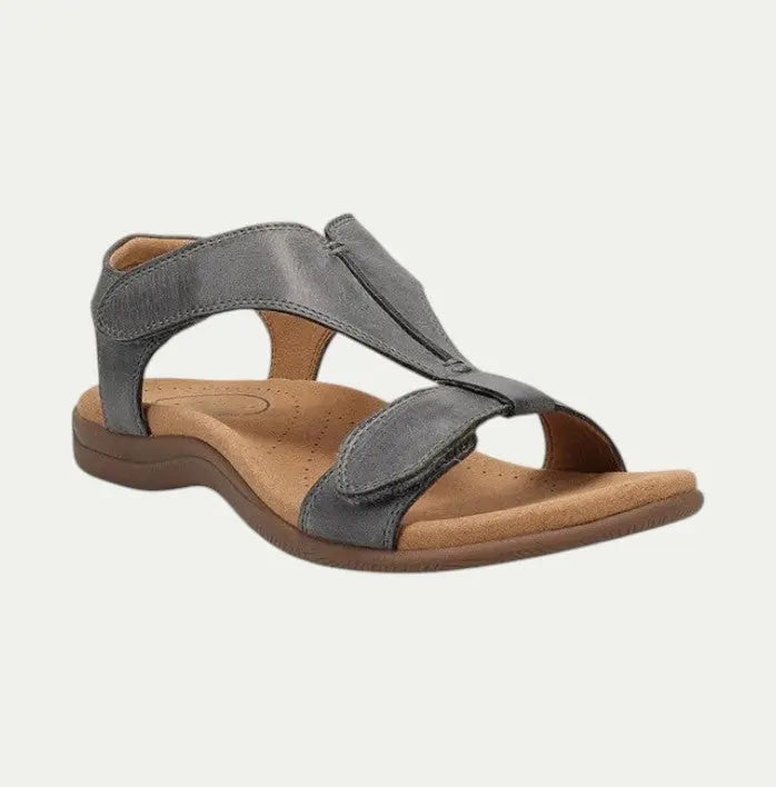 Women's brown supportive leather sandals with breathable upper and all-day comfort footbed
