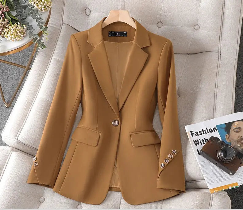 Women's tailored blazer single button notched lapels flap pockets polished versatile slim fit
