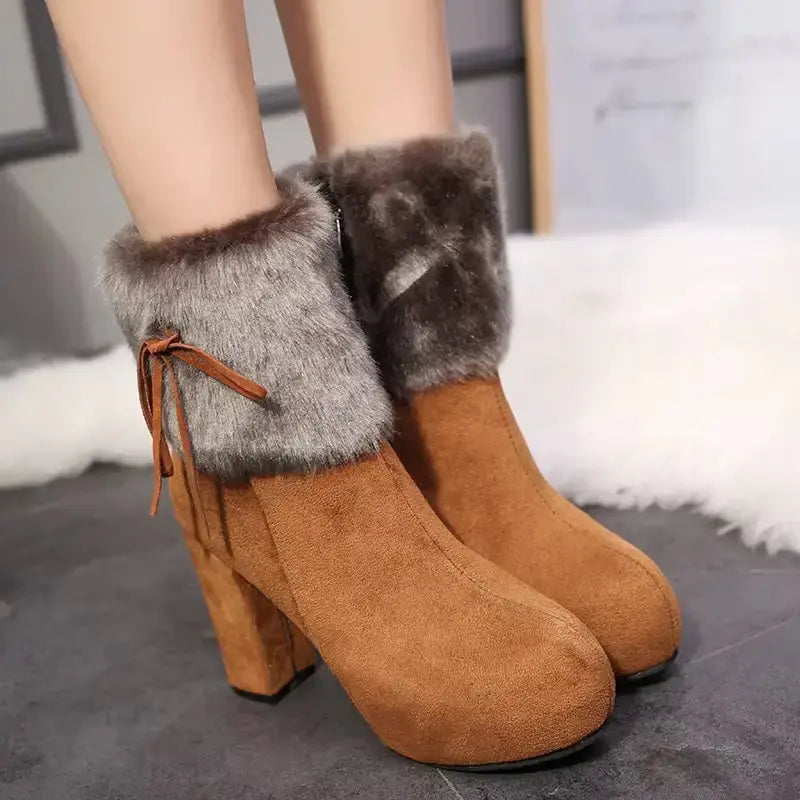 Women's black suede fur-lined platform high heel boots with thick sole and cozy cashmere lining
