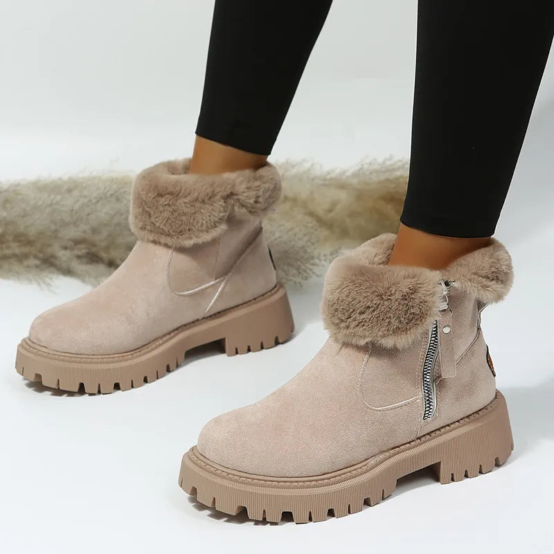 Women's thickened cotton winter boots with plush velvet interior, durable rubber sole, casual warm style