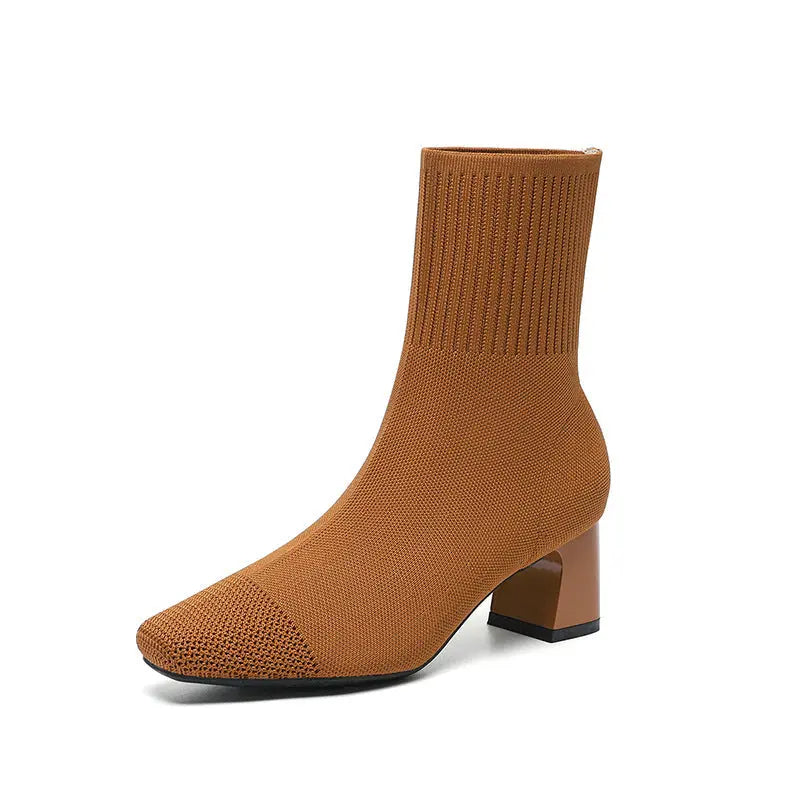 Women's stretchy knit sock boots mid heel ankle boots in neutral toned seamless silhouette
