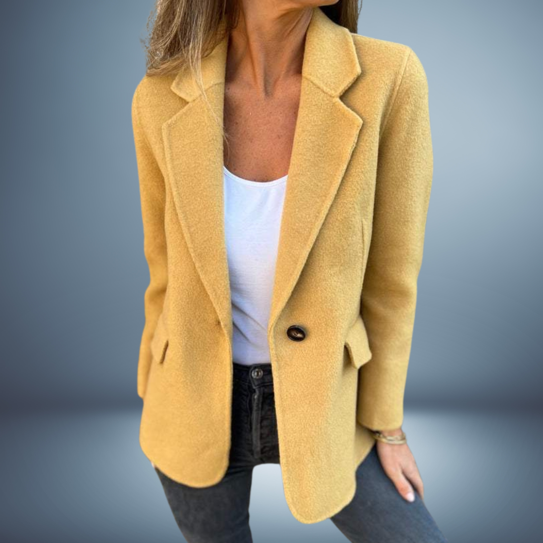 Women's longline tailored blazer with button closure, elegant office wear with defined silhouette