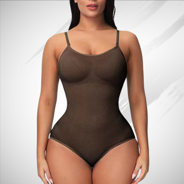 Women's black form-fitting sleeveless bodysuit scoop neck adjustable straps full coverage shaping