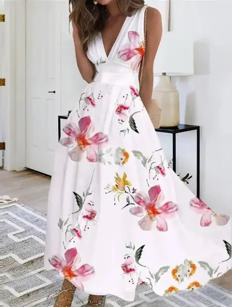 Women's elegant sleeveless V-neck midi dress in versatile day-to-night style with flattering neckline