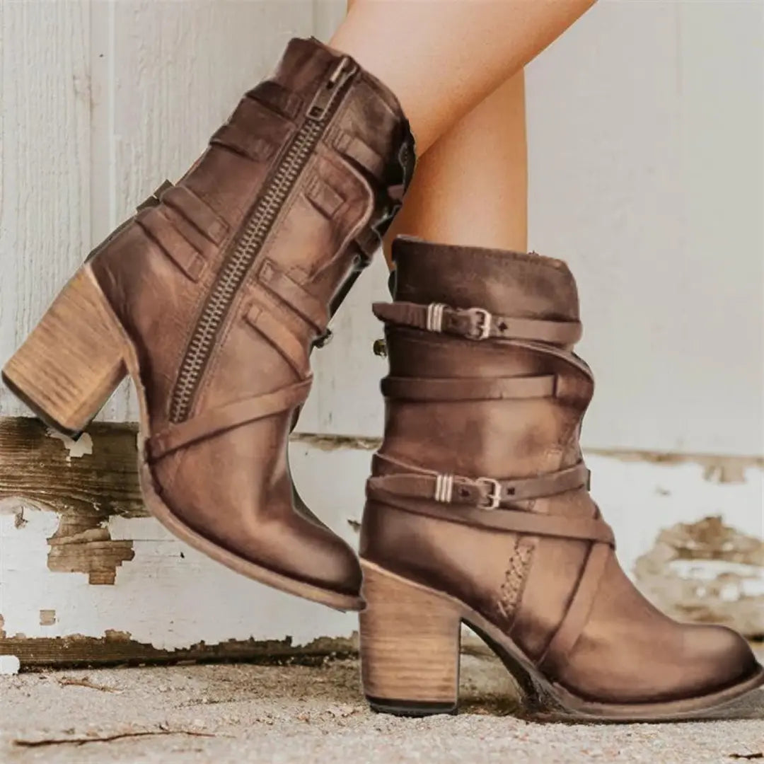 Women's vintage mid-calf boots in brown PU leather with decorative buckle detail and block heel