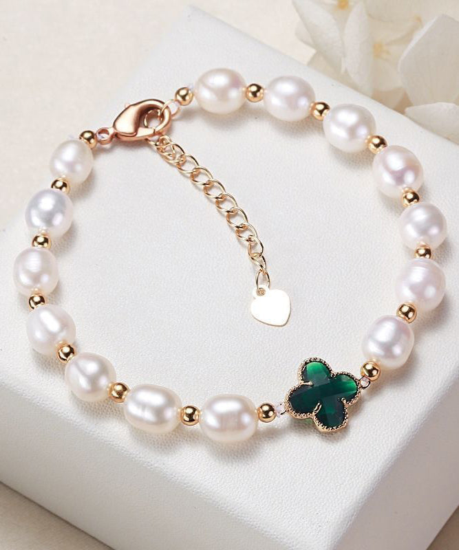 Bracelet à breloques en argent sterling vert Vogue avec perles de zircone et trèfle à quatre feuilles - Urbann-Vibe