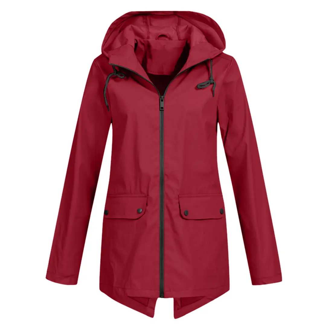 Women's waterproof long rain jacket sleek silhouette full-length weather protection stylish chic fit