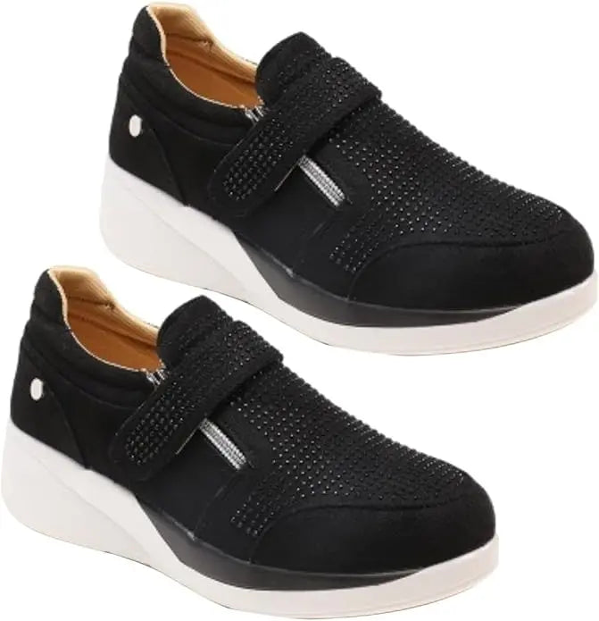 Women's suede wedge sneakers with side zipper and velcro strap, chic casual comfort footwear