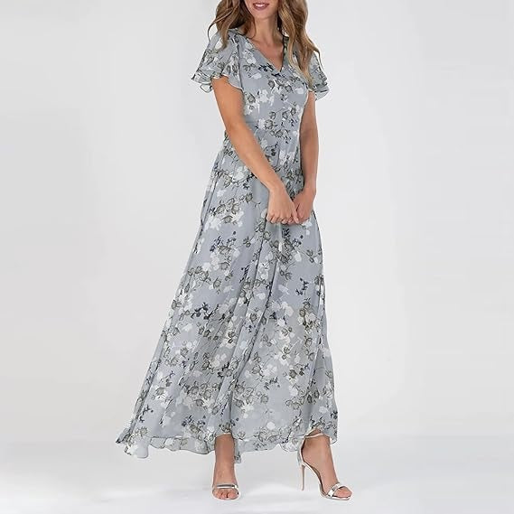 Women's floral maxi dress short sleeve relaxed silhouette lightweight spring summer long floral print